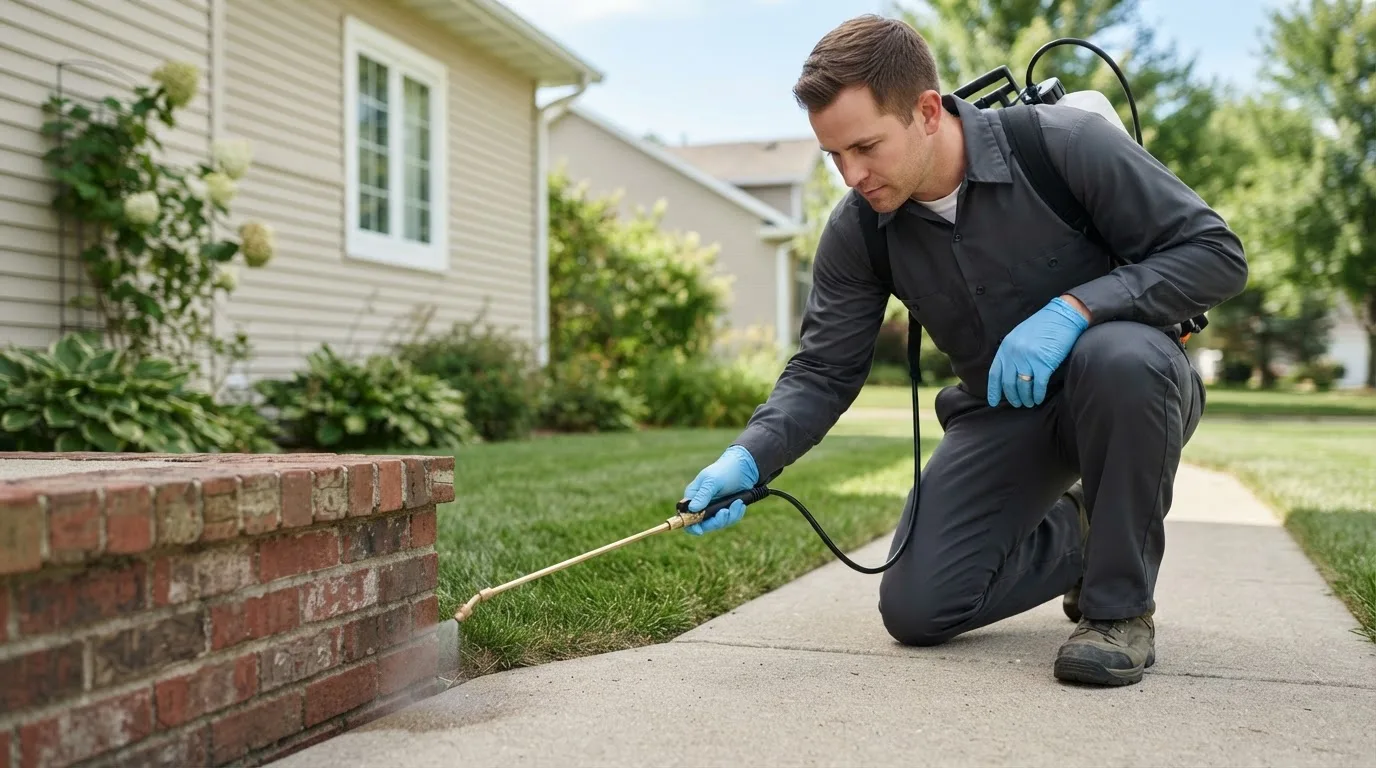 Pest control technician treating a home near Montalba, TX