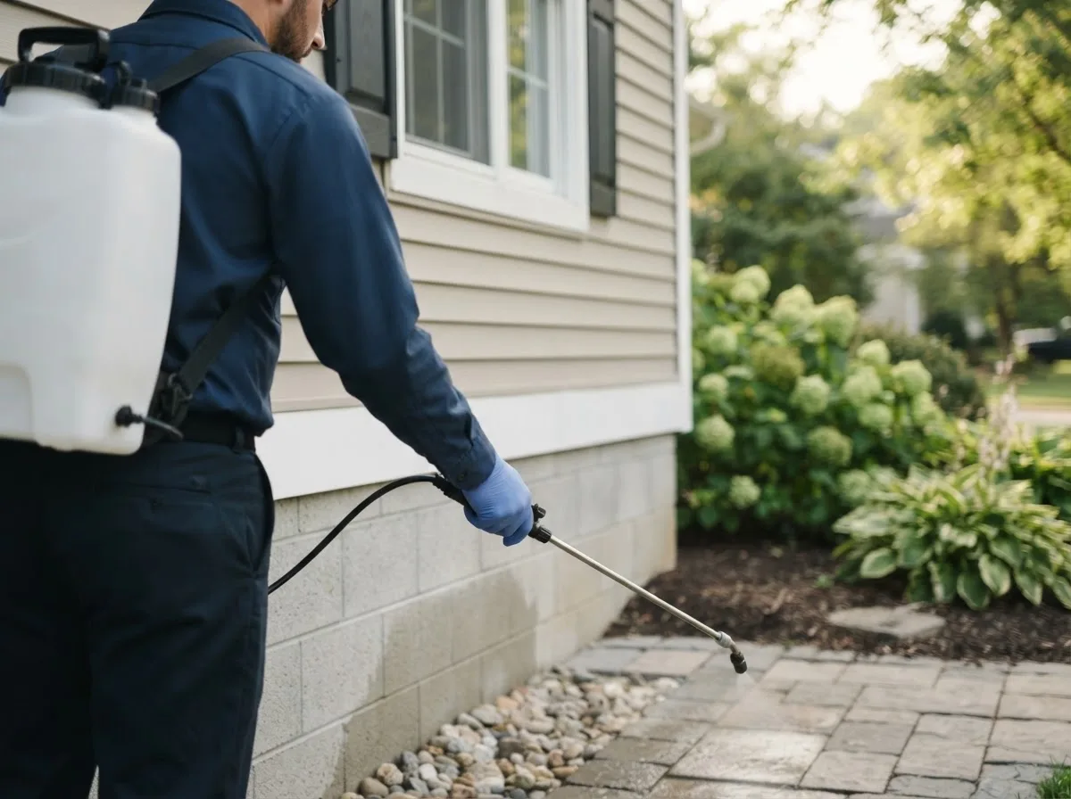 Pest control technician inspecting a home in Montalba, TX